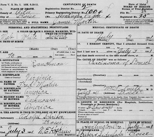 Idaho death certificate 1911